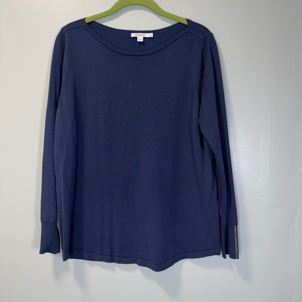 Chicos Caviar Trim Navy Blue Pullover Sweat Metallic Cuff Knit Top Size 1 Medium
